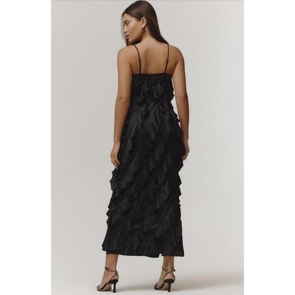 Anthropologie Bias-Cut Ruffled Spaghetti Straps Midi Slip Dress Size S Black - Picture 2 of 2